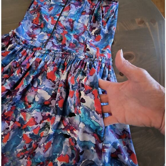 Theory Silk Watercolor Mini Dress Women's Size 0 Blue Sleeveless Side Pockets - Picture 7 of 16
